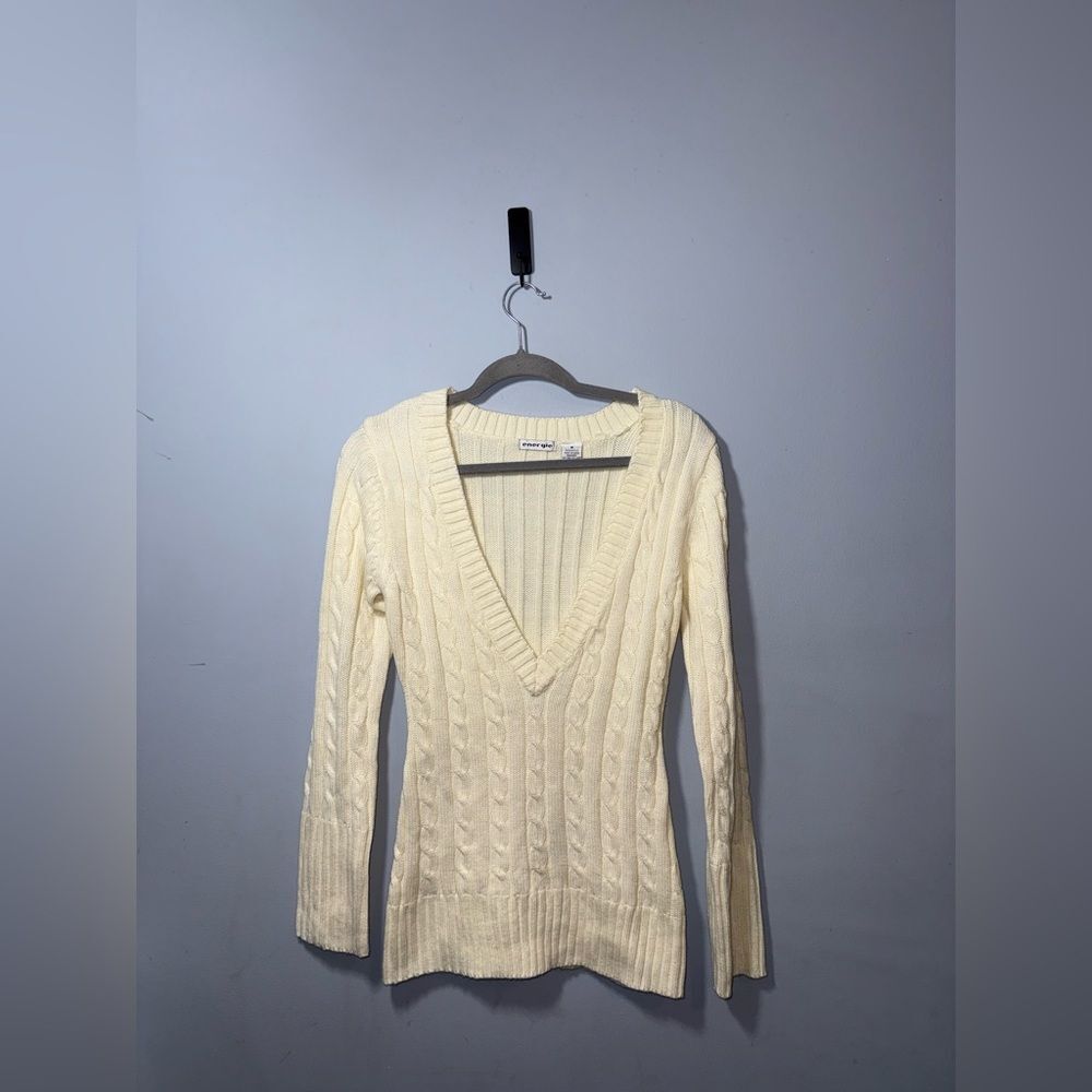 Energie Y2K women’s cream V-Neck cable knit fitted Sweater Size M EUC preppy